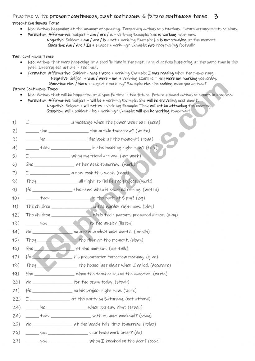 A1+-A2 Practise with present continuous, past continuous & future continuous tense 3 A1+-A2 Practise with present continuous, past continuous & future continuous tense 3