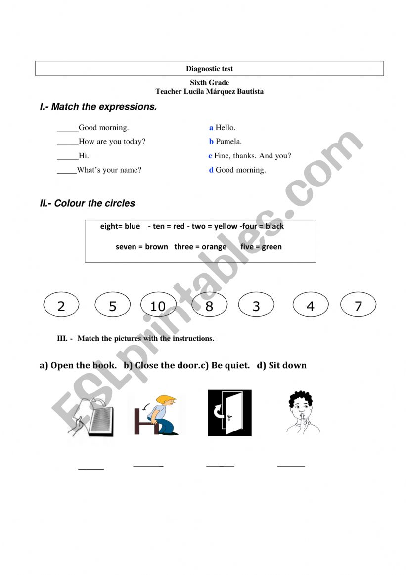 Diagnostic test sixth grade worksheet