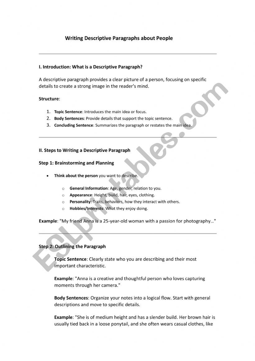 Writing Descriptive Paragraph Handout