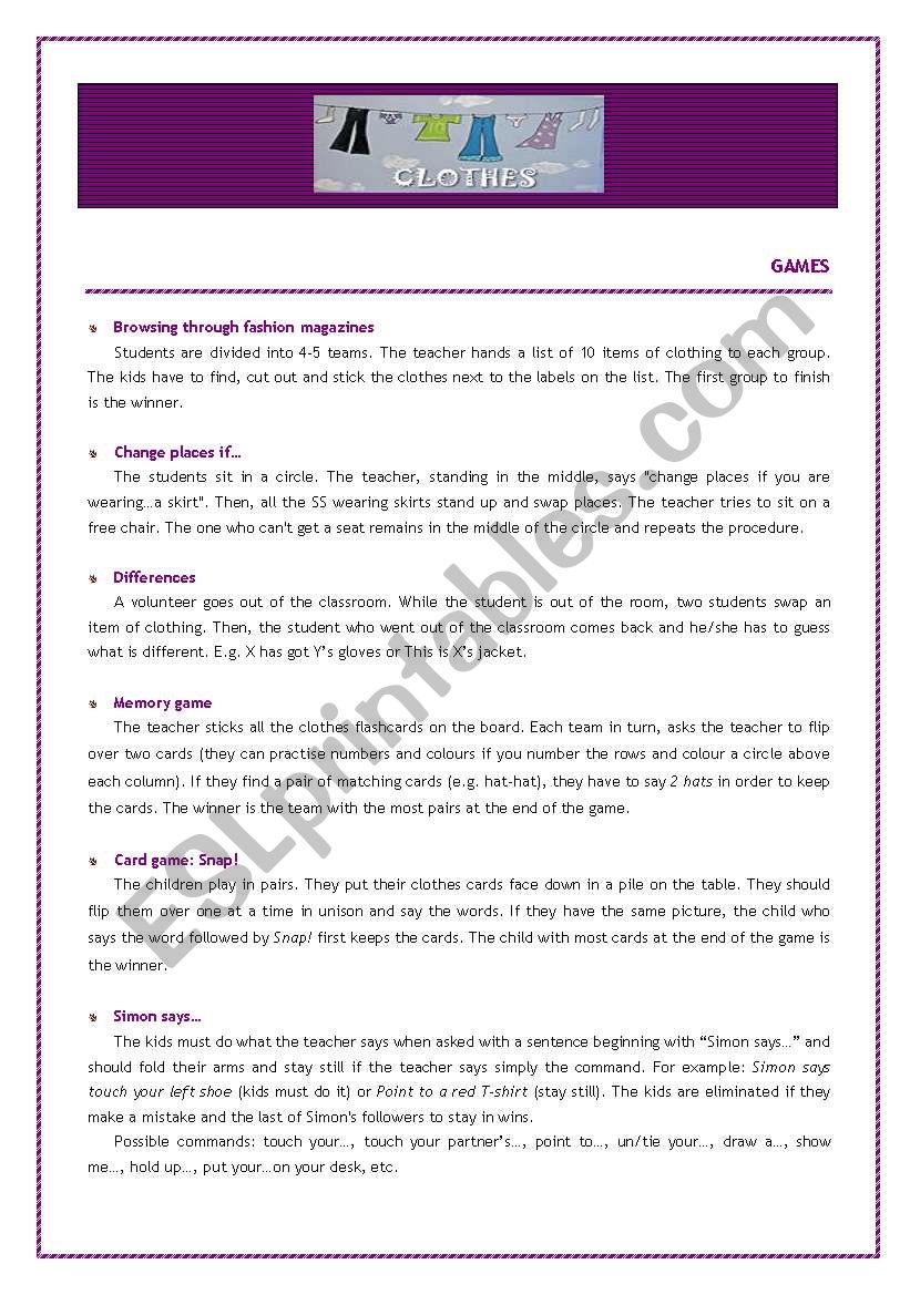 Games, activities and projects to teach Â´ClothesÂ´ or other topics