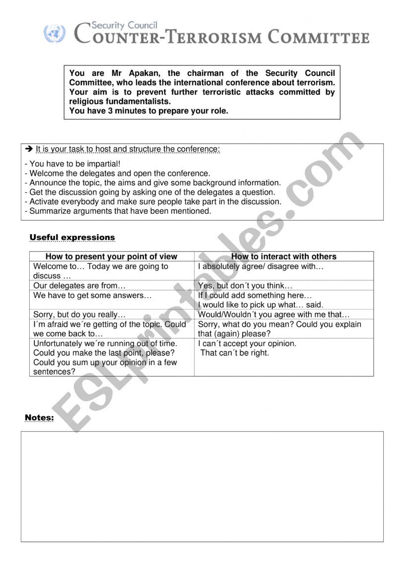 Phrases and task for a role play (counter-terrorism committee)
