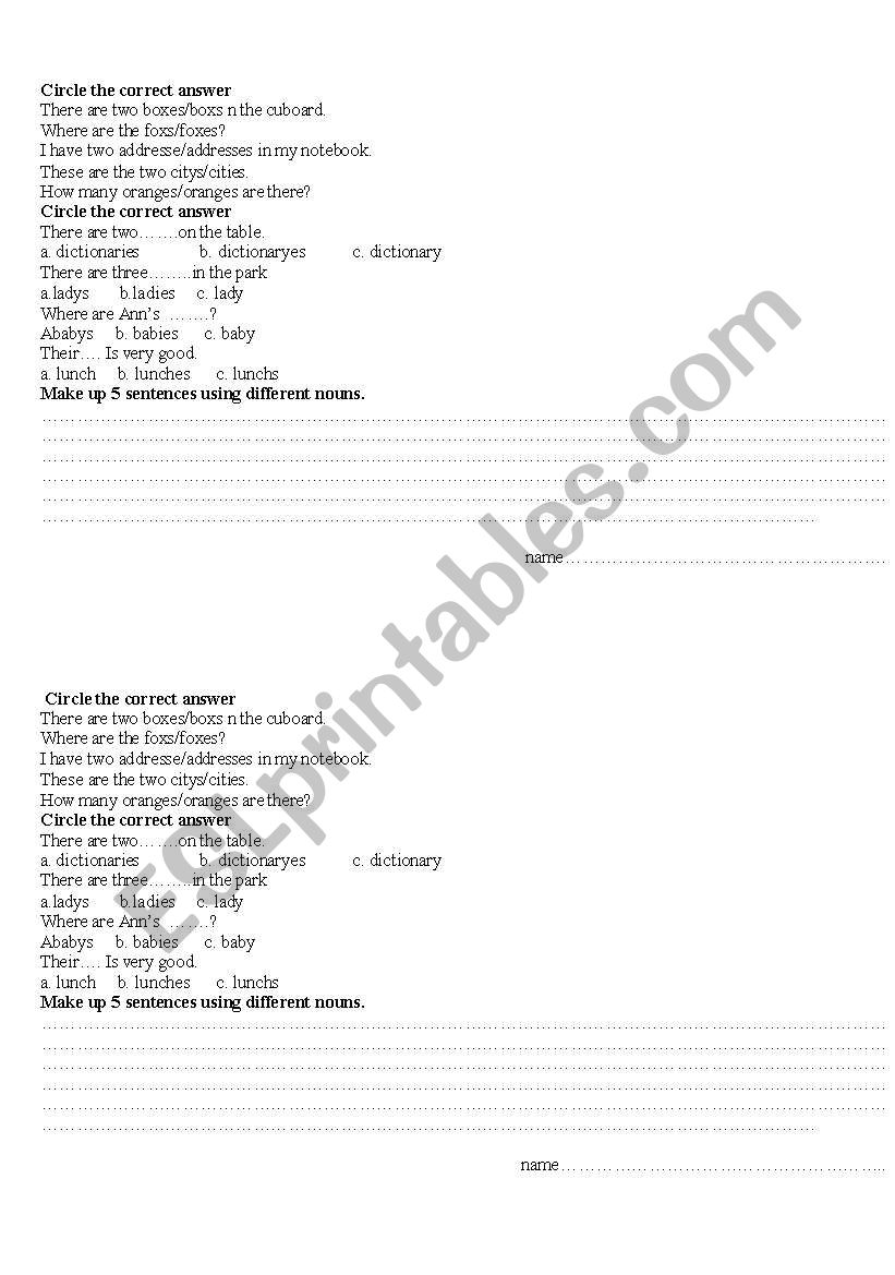 plural of nouns worksheet