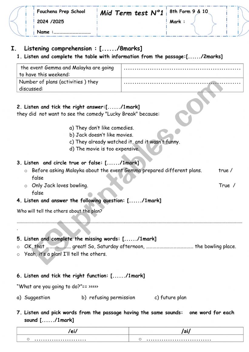mid term test n2 8 th form worksheet