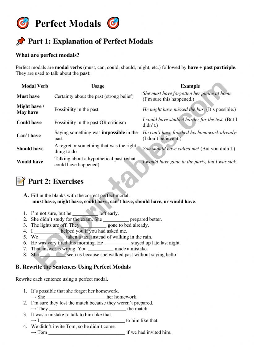 PERFECT MODALS worksheet