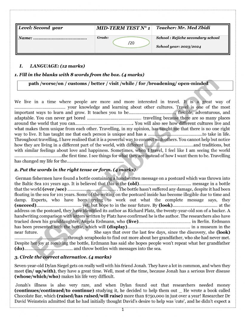 Mid- Term Test n 1  worksheet