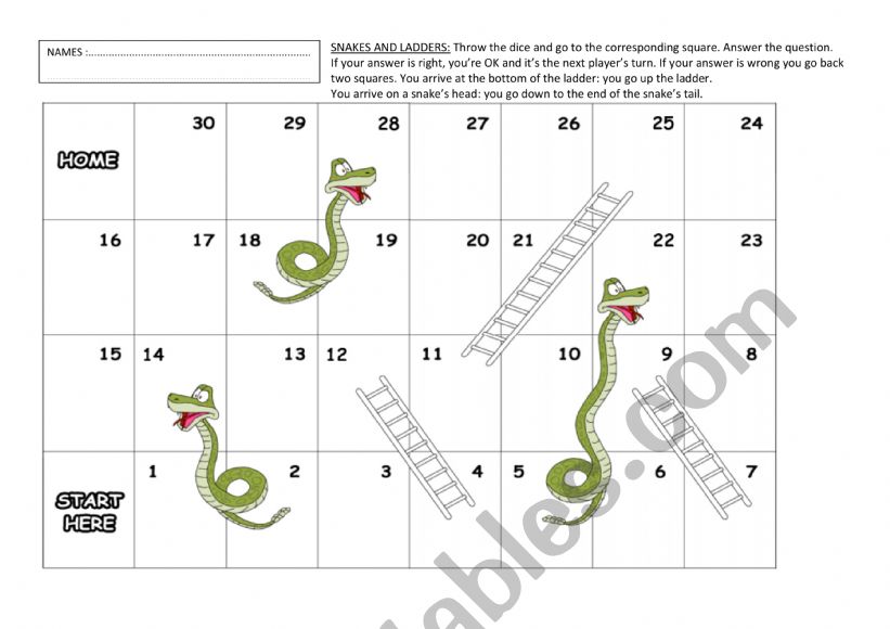 Snake and ladders template worksheet