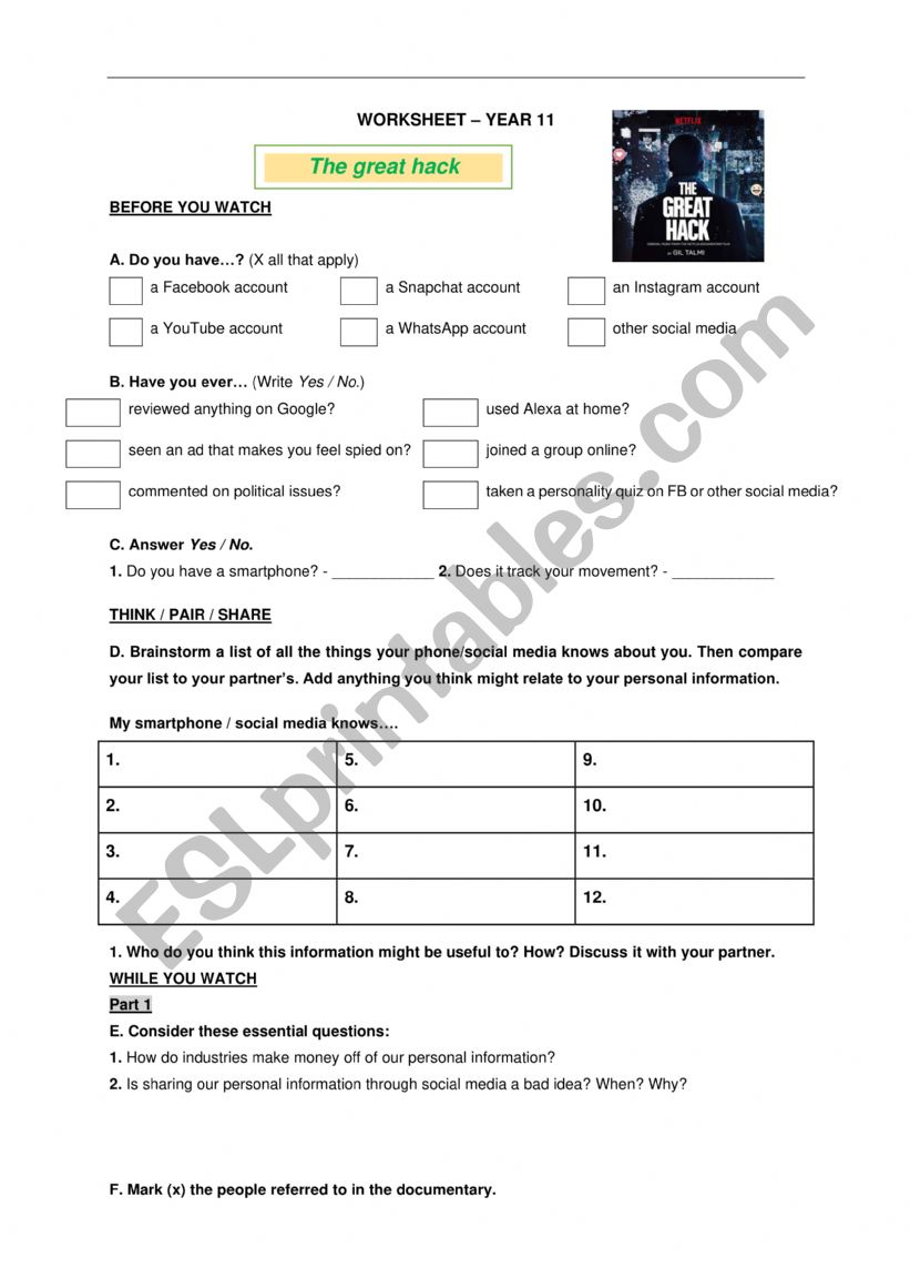 The great hack_documentary worksheet