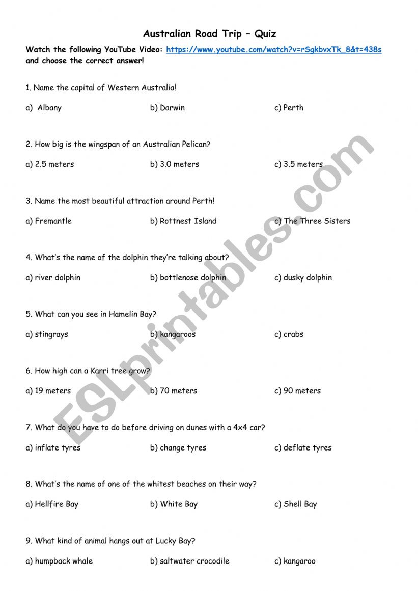Australian Road Trip - Multiple Choice test