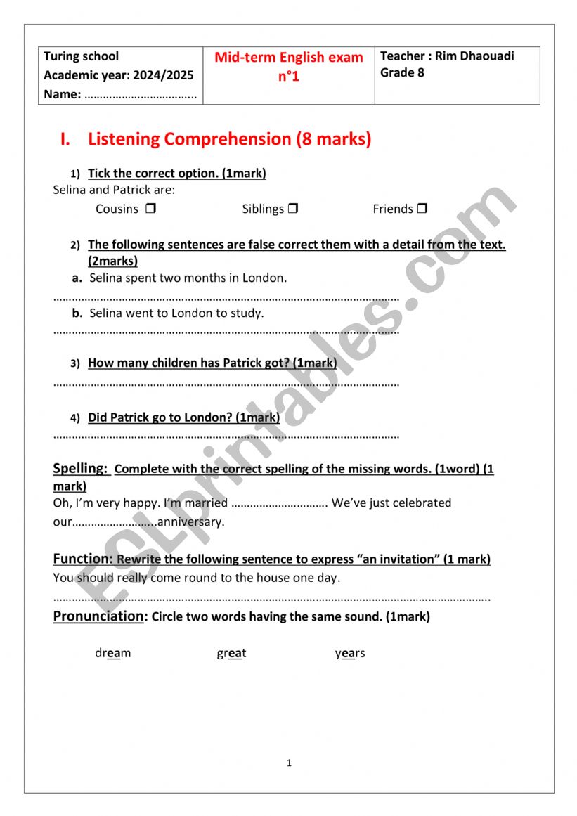 8th form mid term test 1 worksheet