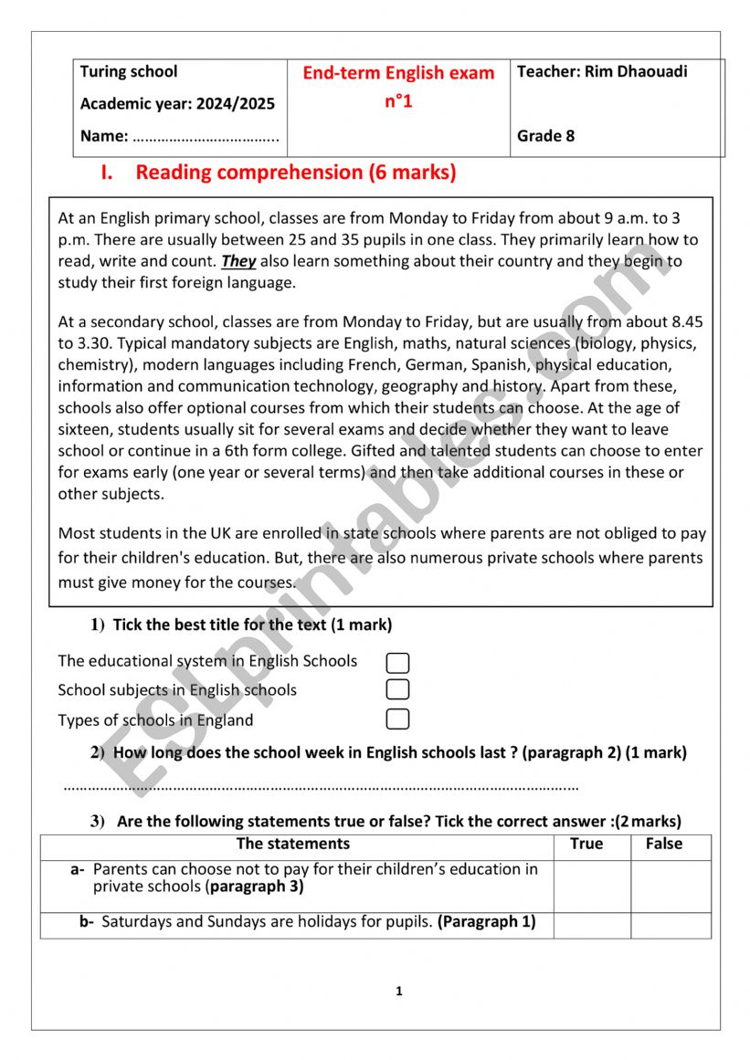8th form end term test 1 worksheet