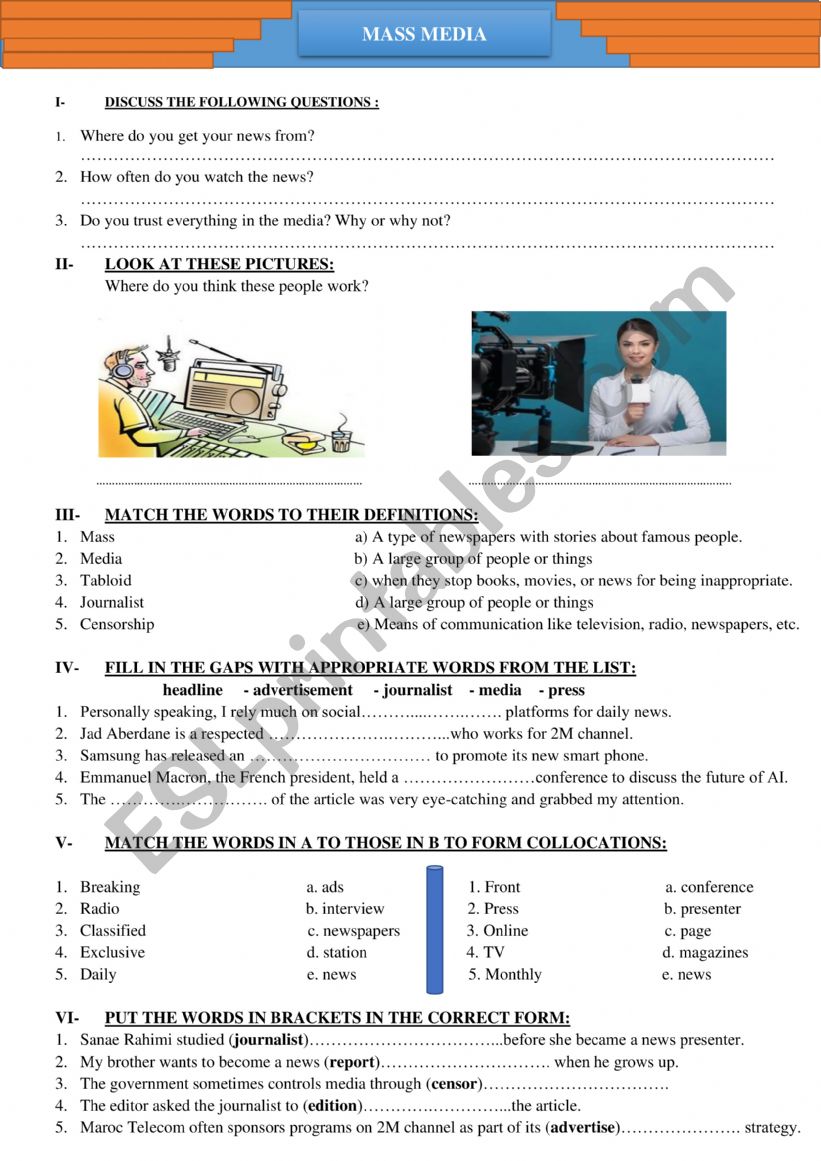 MASS MEDIA VOCABULARY WORKSHEET