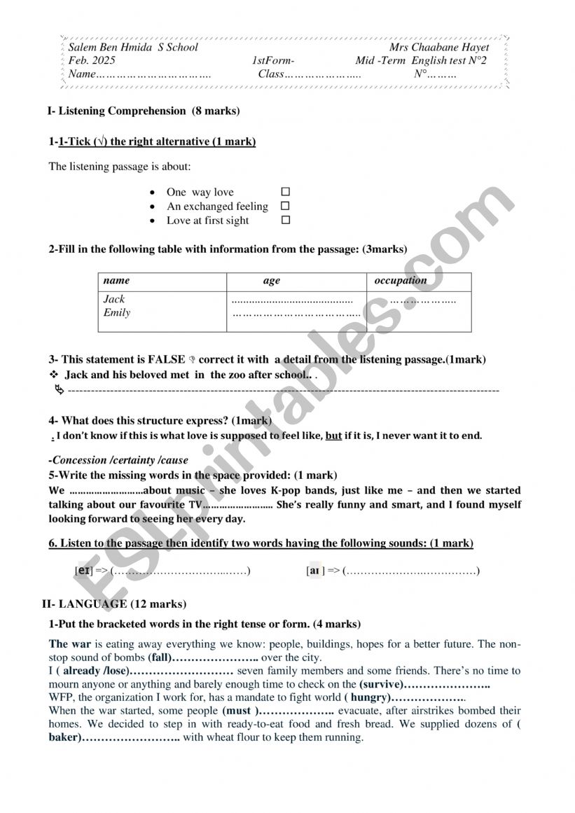 Mid term testn2-1st form worksheet