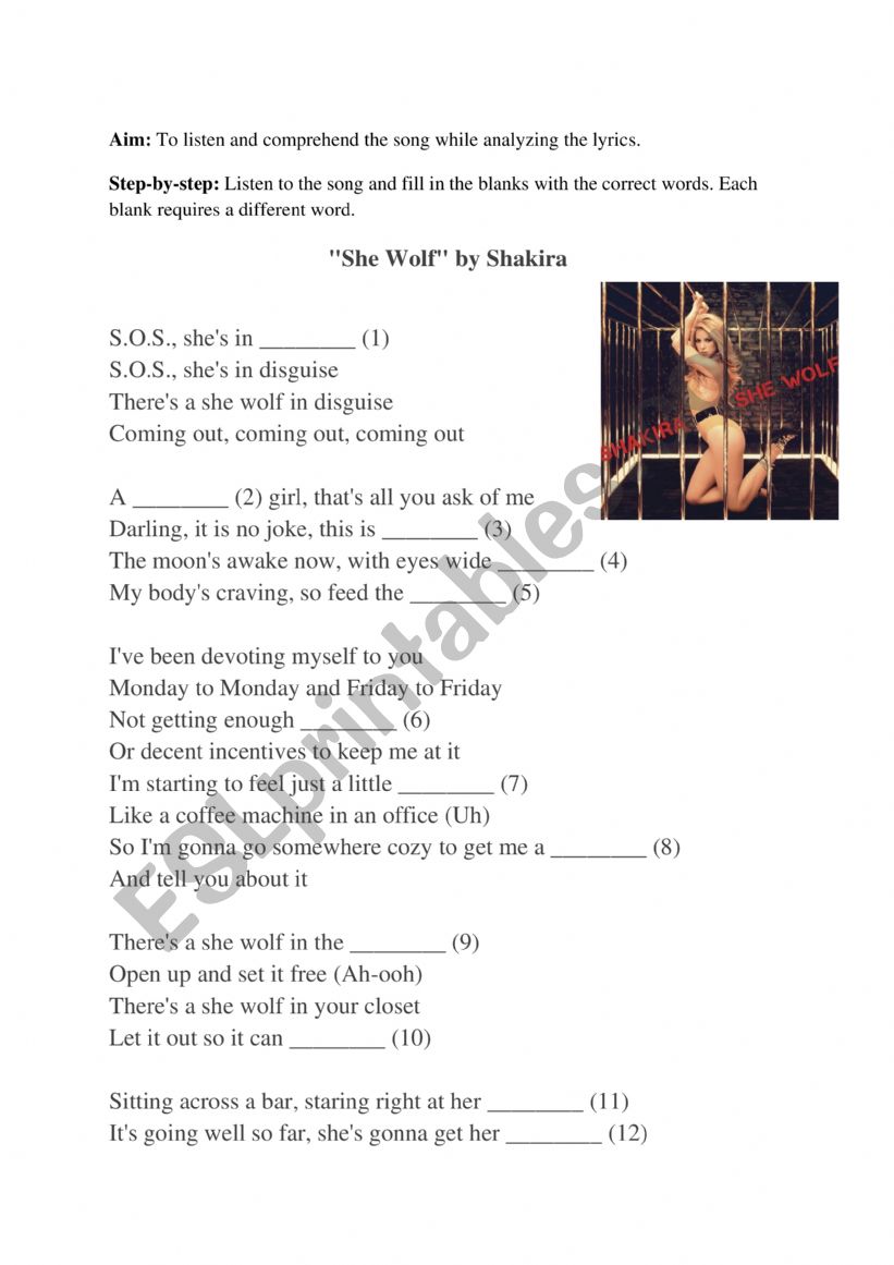 She Wolf - Shakira worksheet
