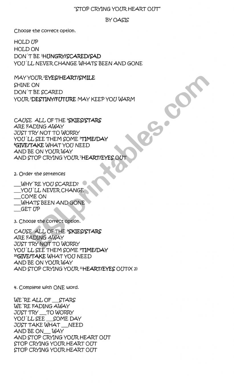 Stop crying your heart out - Oasis song worksheet