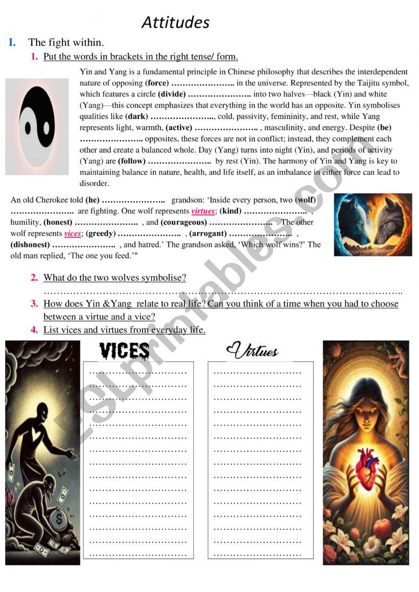 Attitudes ( 4th form) worksheet