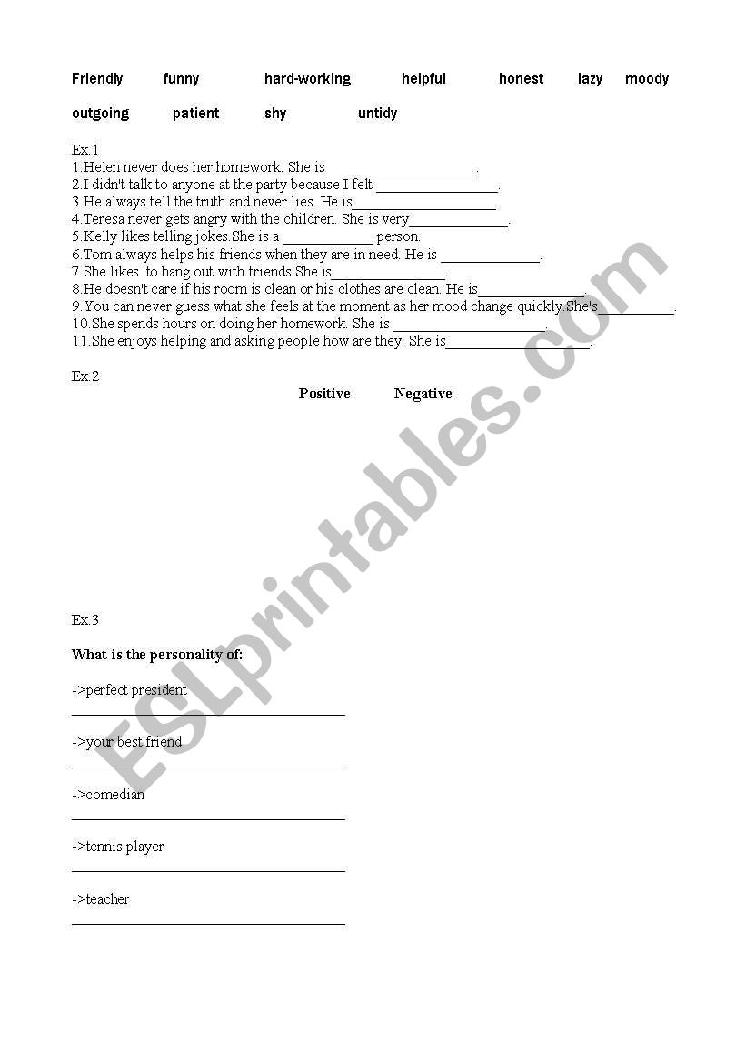 Personality worksheet