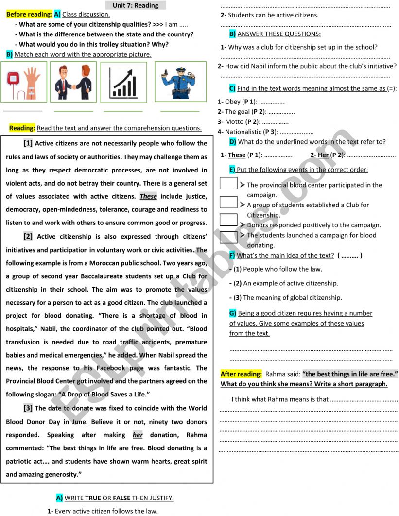 Active citizenship reading worksheet