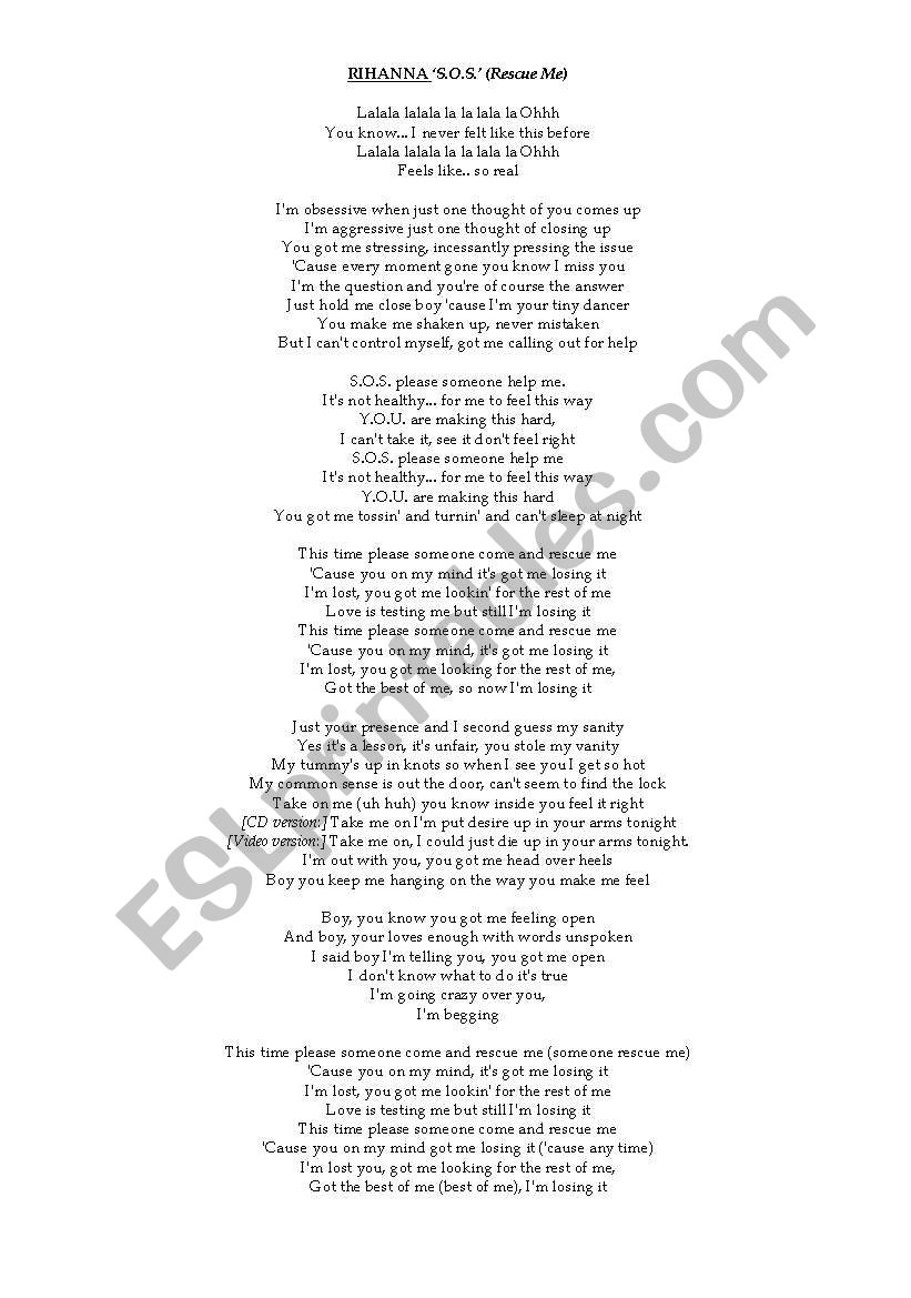 S.O.S. Rihanna song worksheet