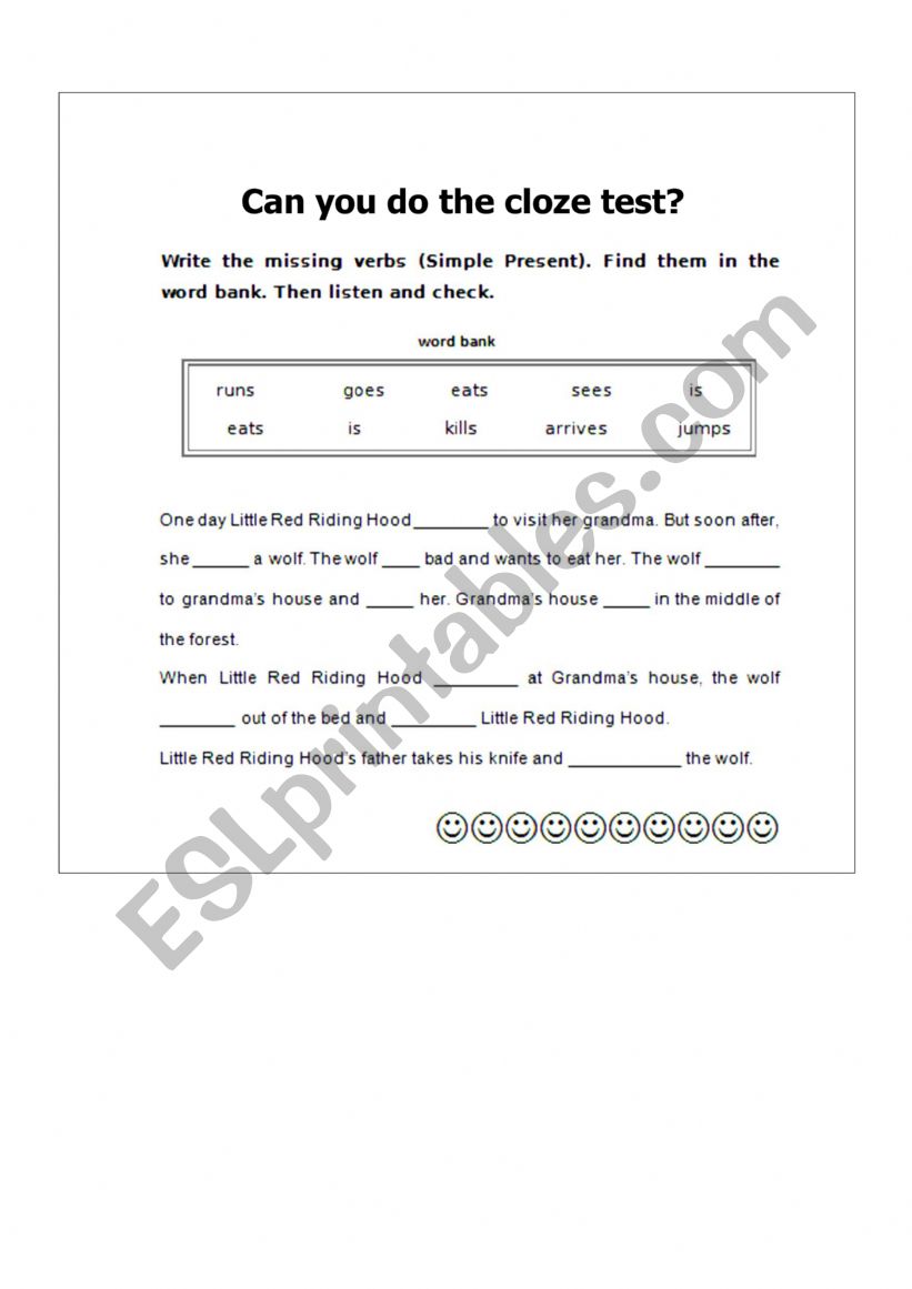 Red Riding Hood cloze test worksheet