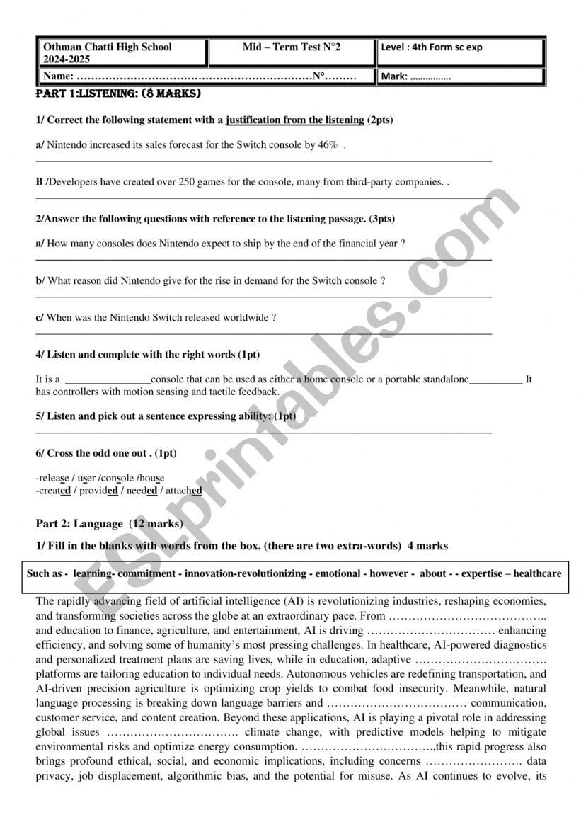 mid-term test n 2 worksheet