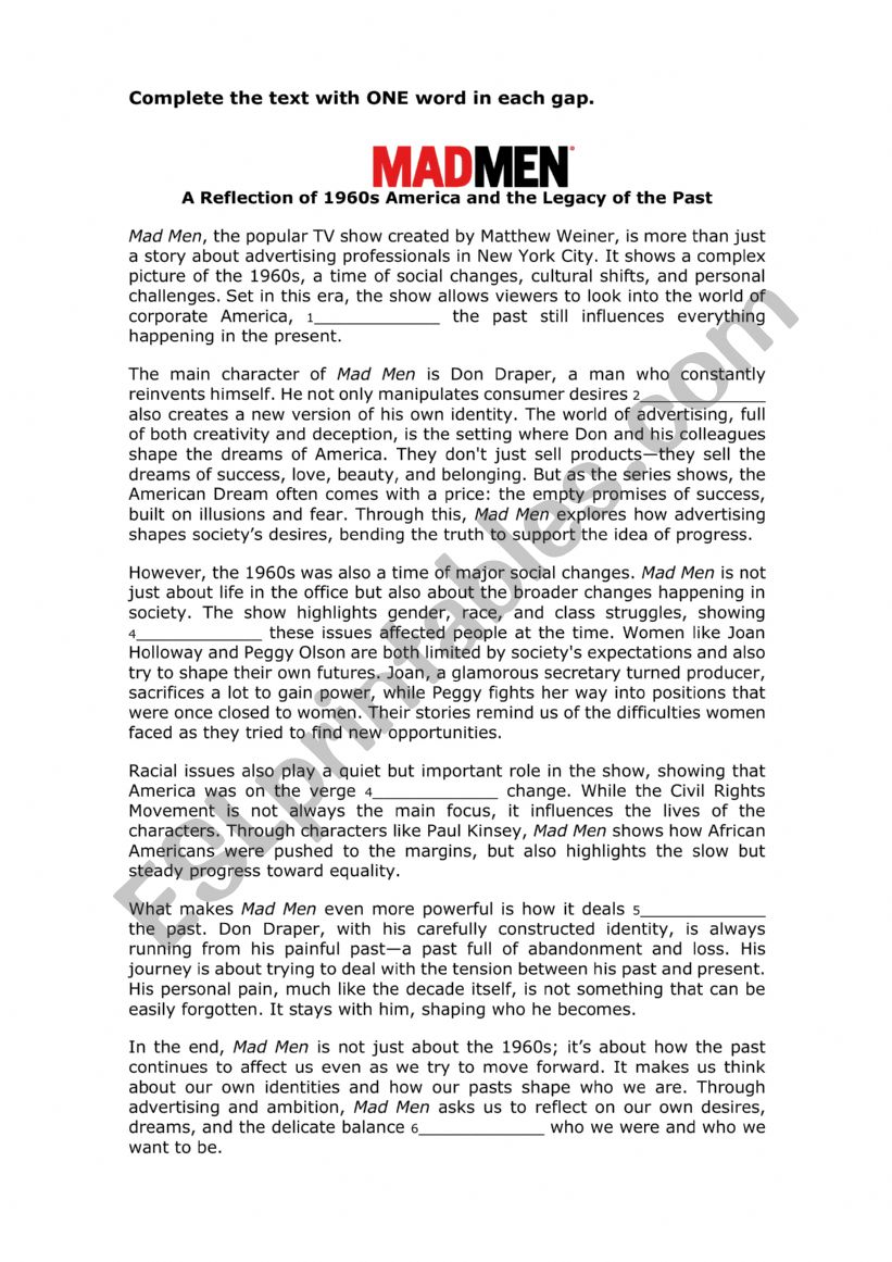 Mad Men - B2 Open Cloze worksheet