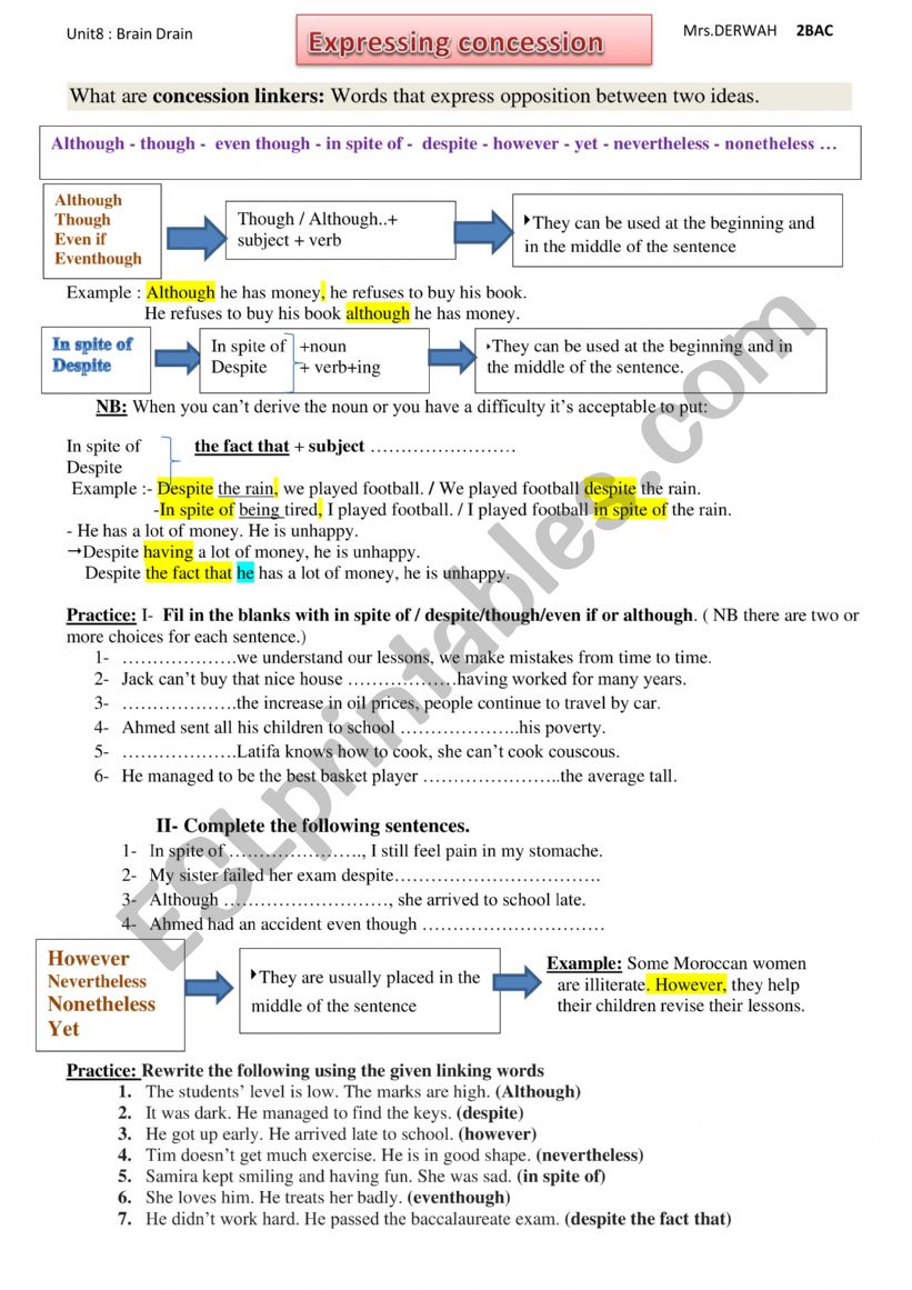 Expressing concession worksheet