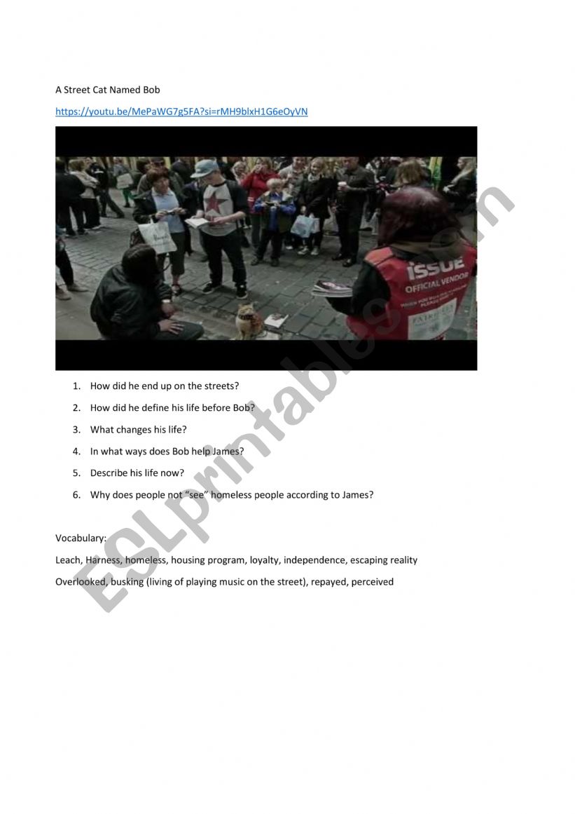 A street Cat named BOB  worksheet