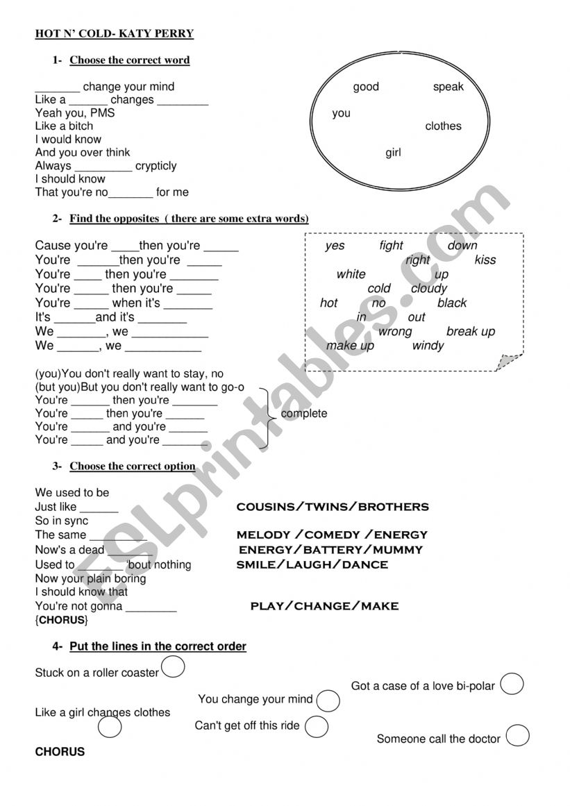 Hot �n Cold worksheet