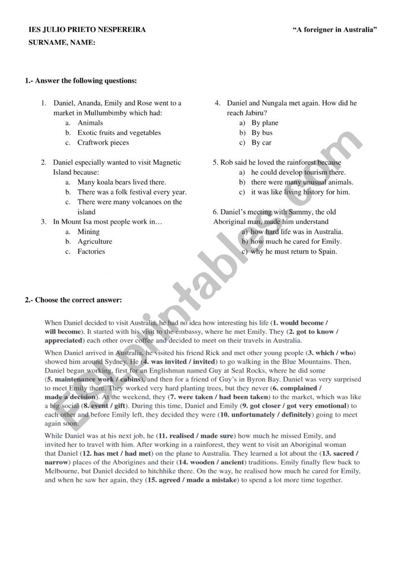 A foreigner in Australia worksheet