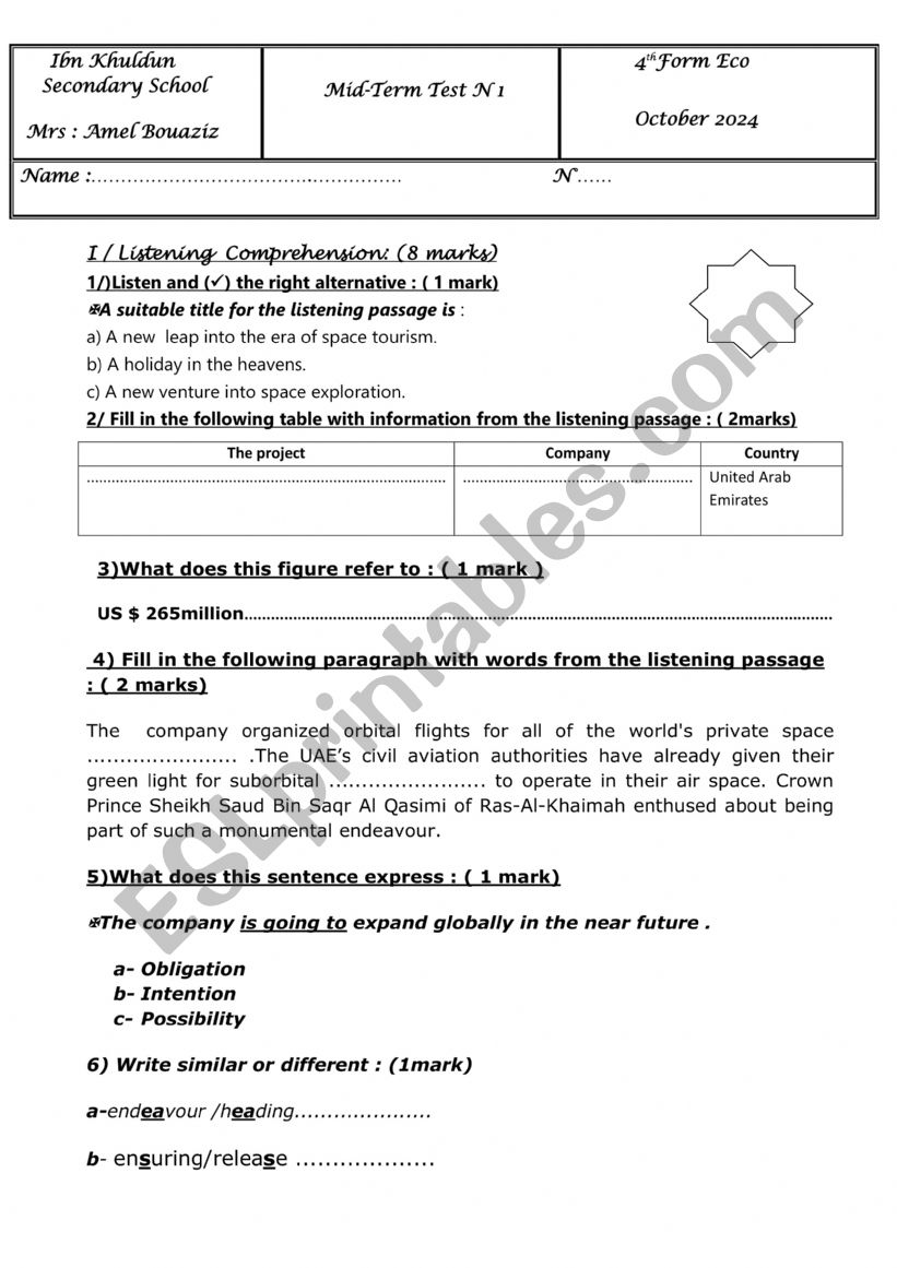 mid term test1 4th form worksheet