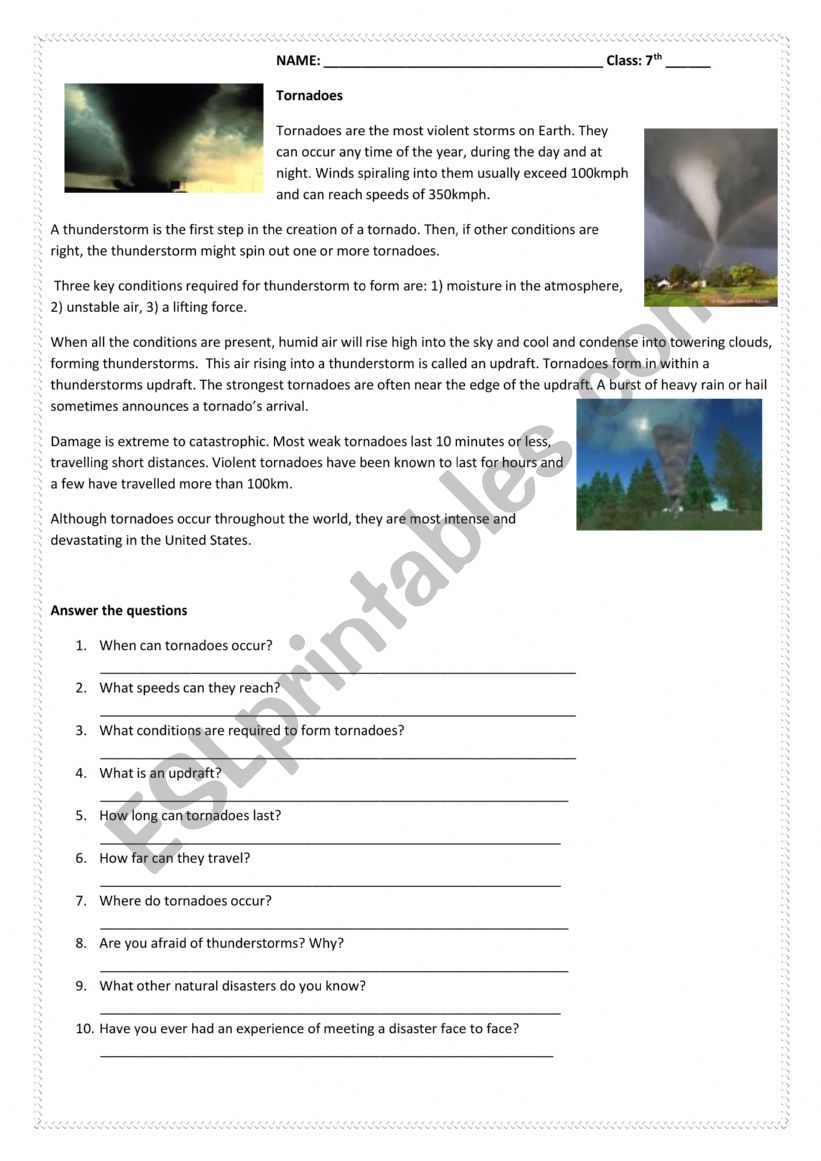 Reading Comprehension: Tornadoes