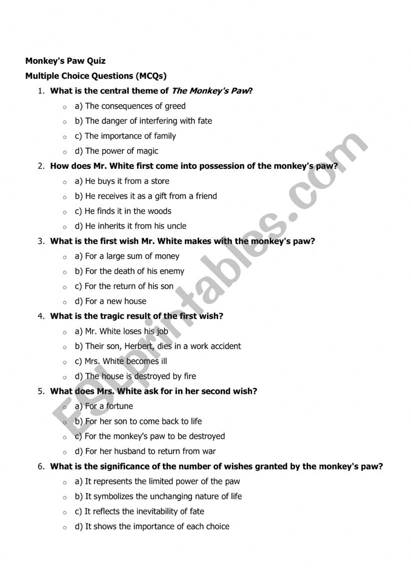 Short Story �The Monkey�s Paw� Quiz