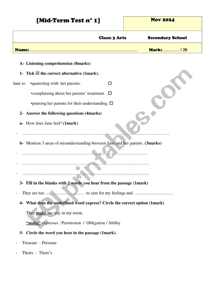 Mid term test N 1 worksheet