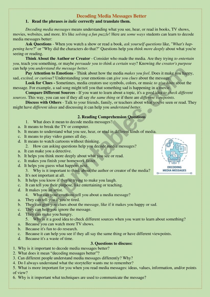 Decoding media worksheet