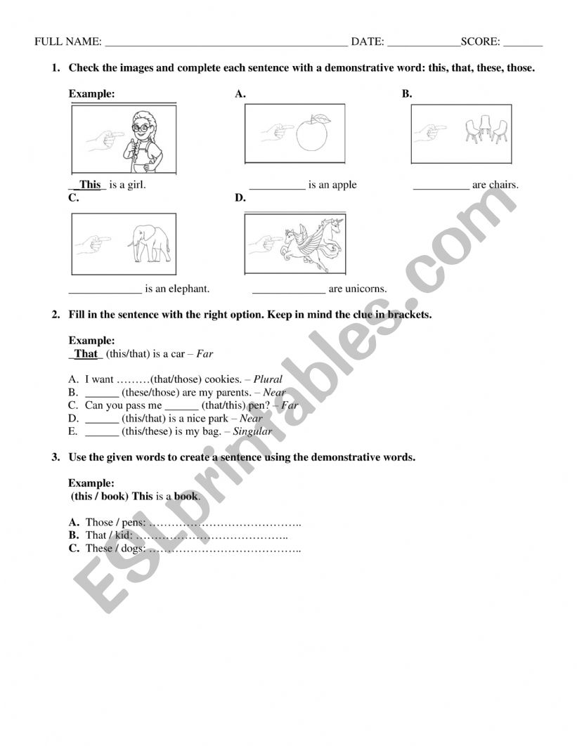 Quiz demonstrative nouns  worksheet