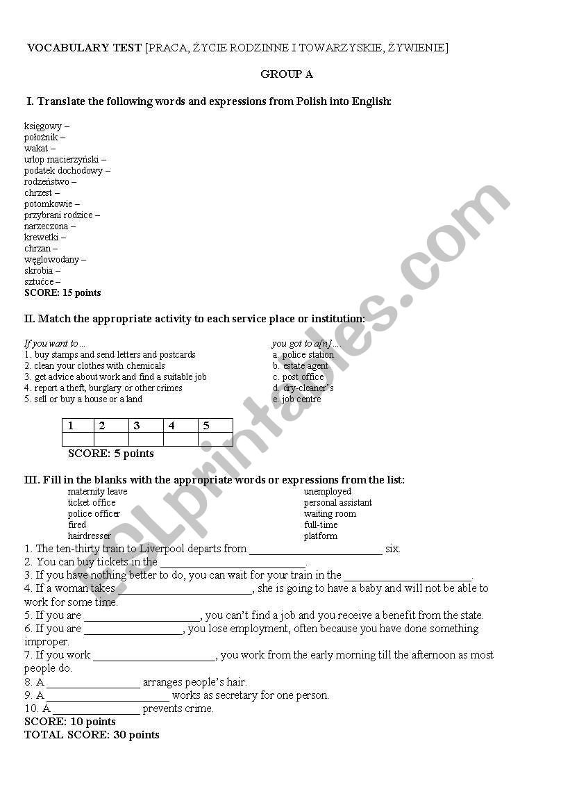 TEST 2 - JOB, FAMILY LIFE, FOOD AND EATING - A