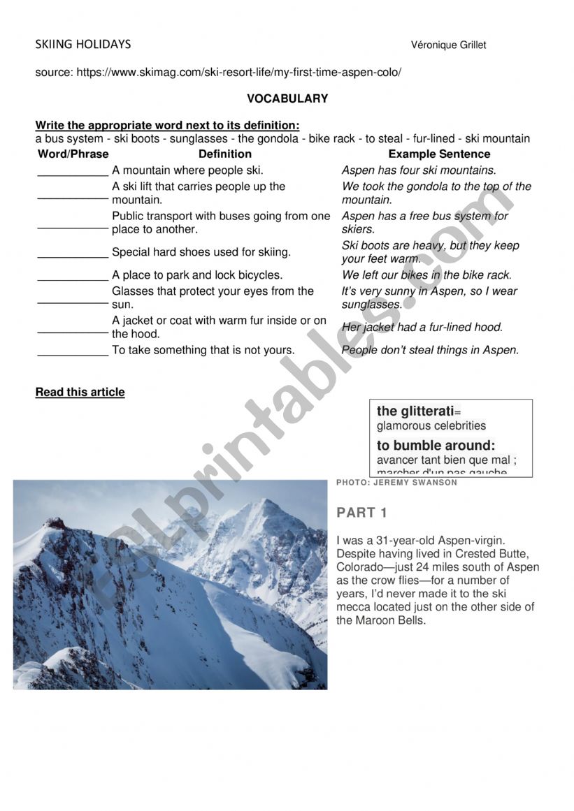 SKIING HOLIDAYS worksheet