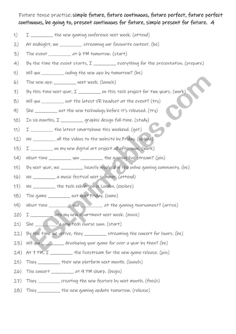 B1-B2 Future tense practise simple future, future continuous, future perfect, future perfect continuous, be going to, present continuous for future, simple present for future. 4