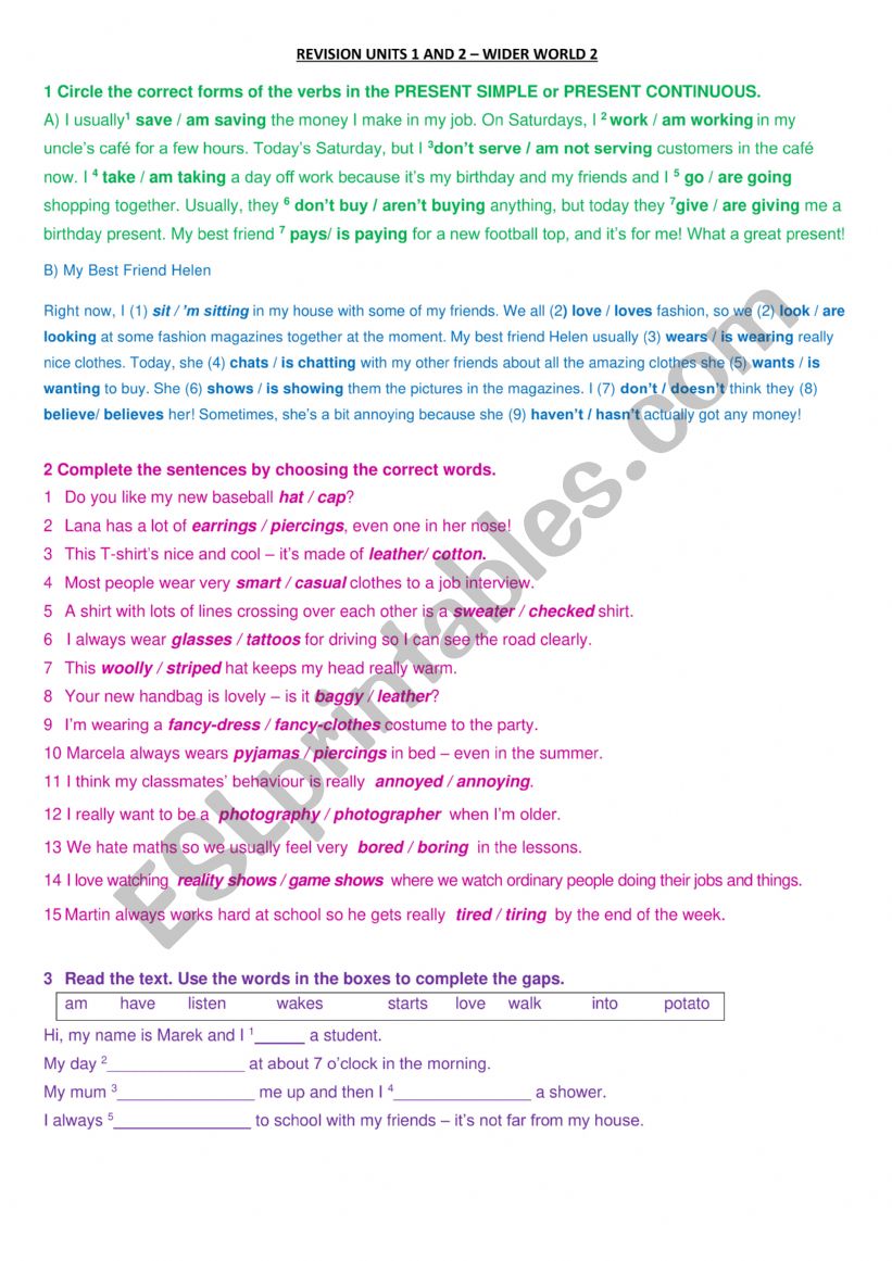 Revision Units 1 and 2 Wider World 2
