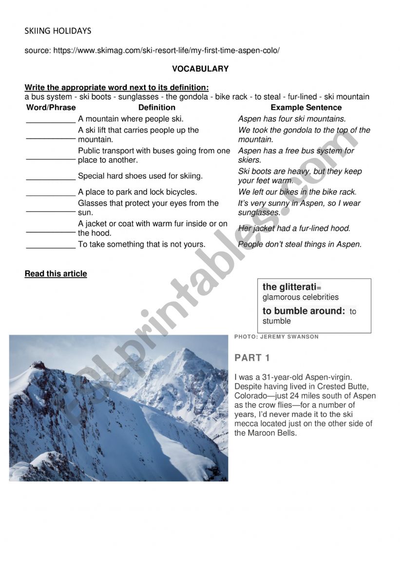 SKIING HOLIDAYS worksheet