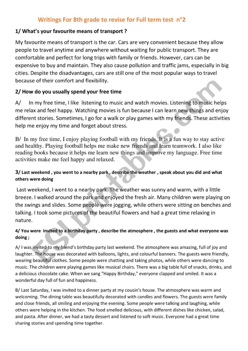 samples of writings for 8th grade pupils  to revse for Full term Test 2