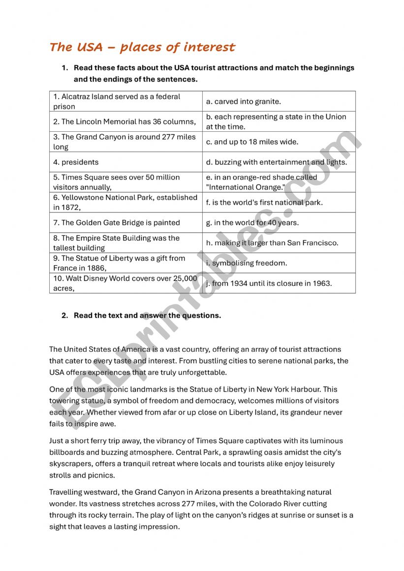 The USA - places of interest worksheet