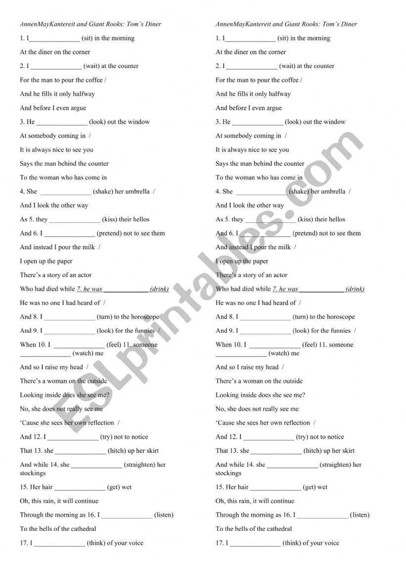 toms diner present cont worksheet