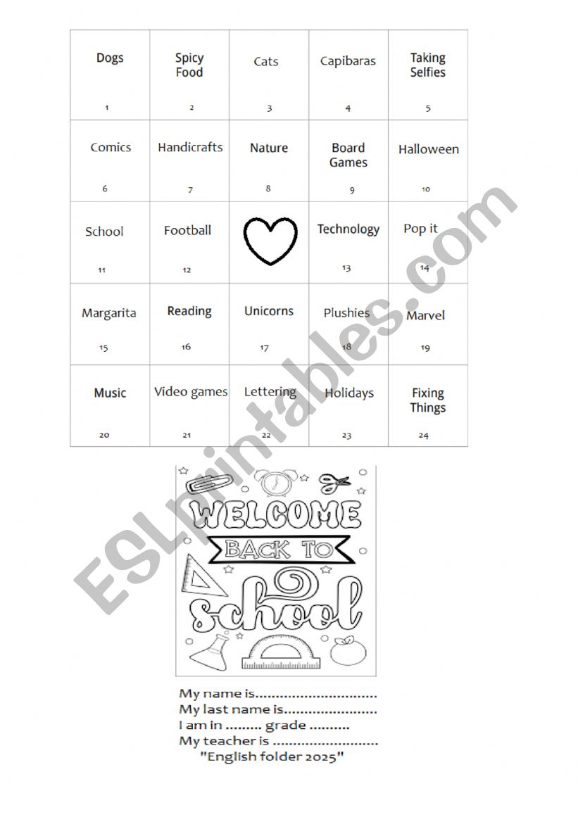 LIKES BINGO AND WELCOME CARD! worksheet