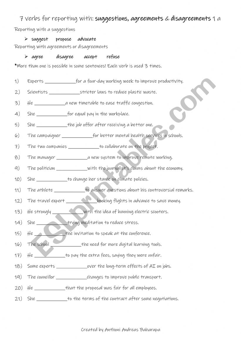 7 verbs for reporting with suggestions, agreements & disagreements 1 a