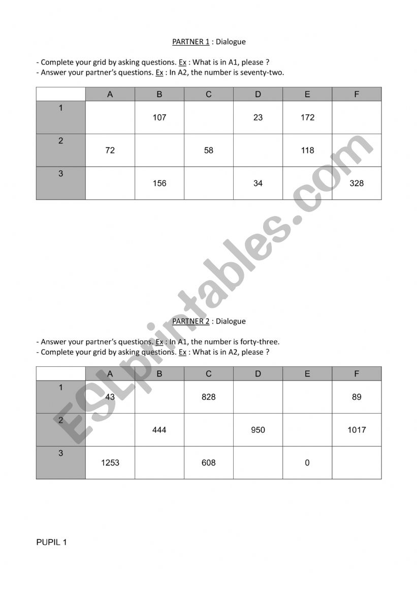 Battleship on numbers worksheet