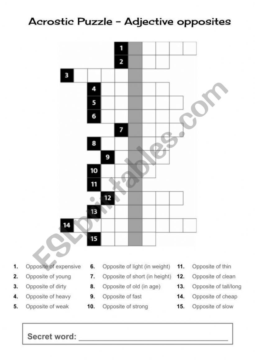 Adjective opposites acrostic puzzle 