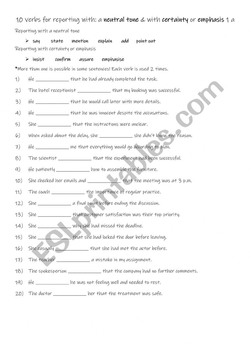 10 verbs for reporting with a neutral tone & with certainty or emphasis 1 a