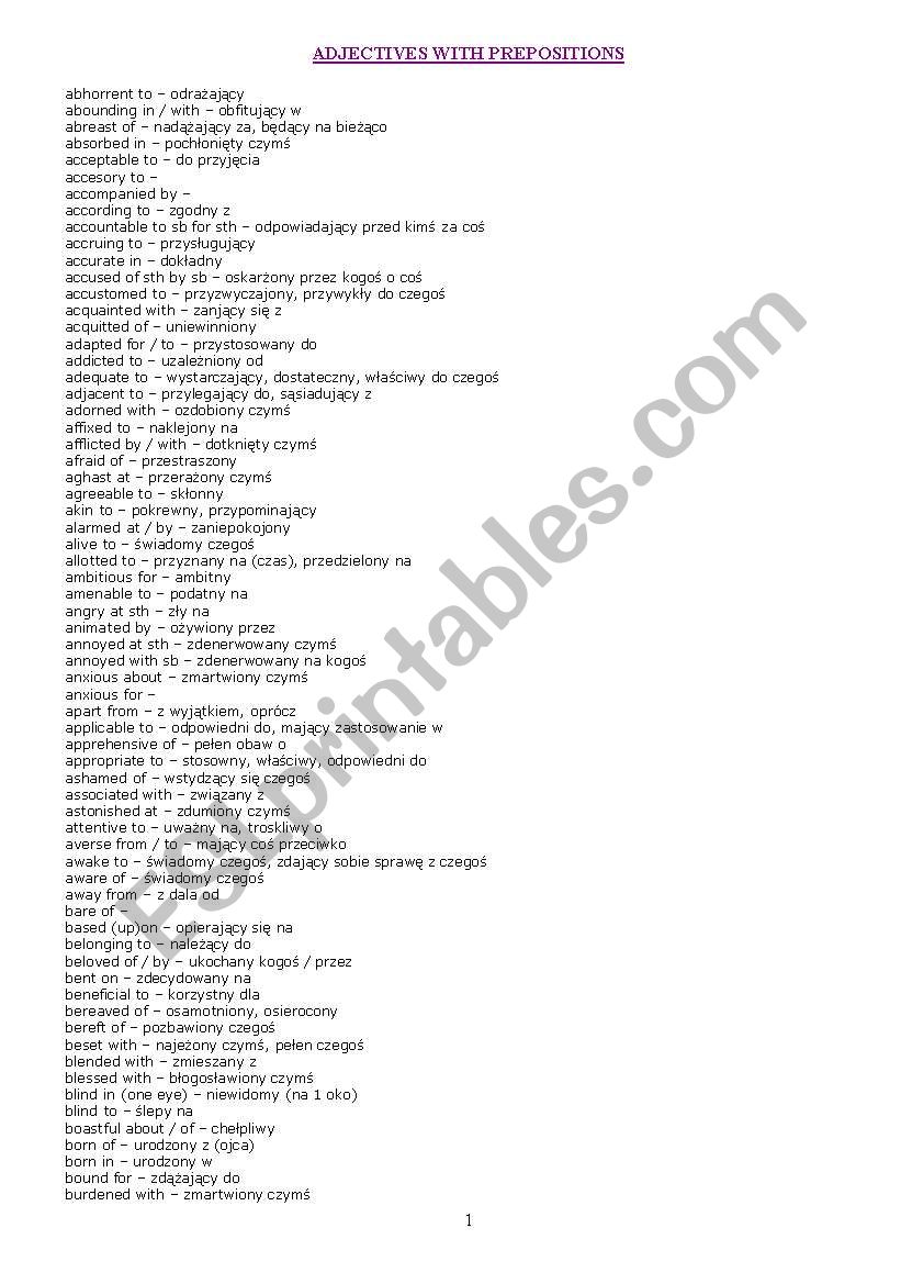 ADJECTIVES WITH PREPOSITIONS worksheet
