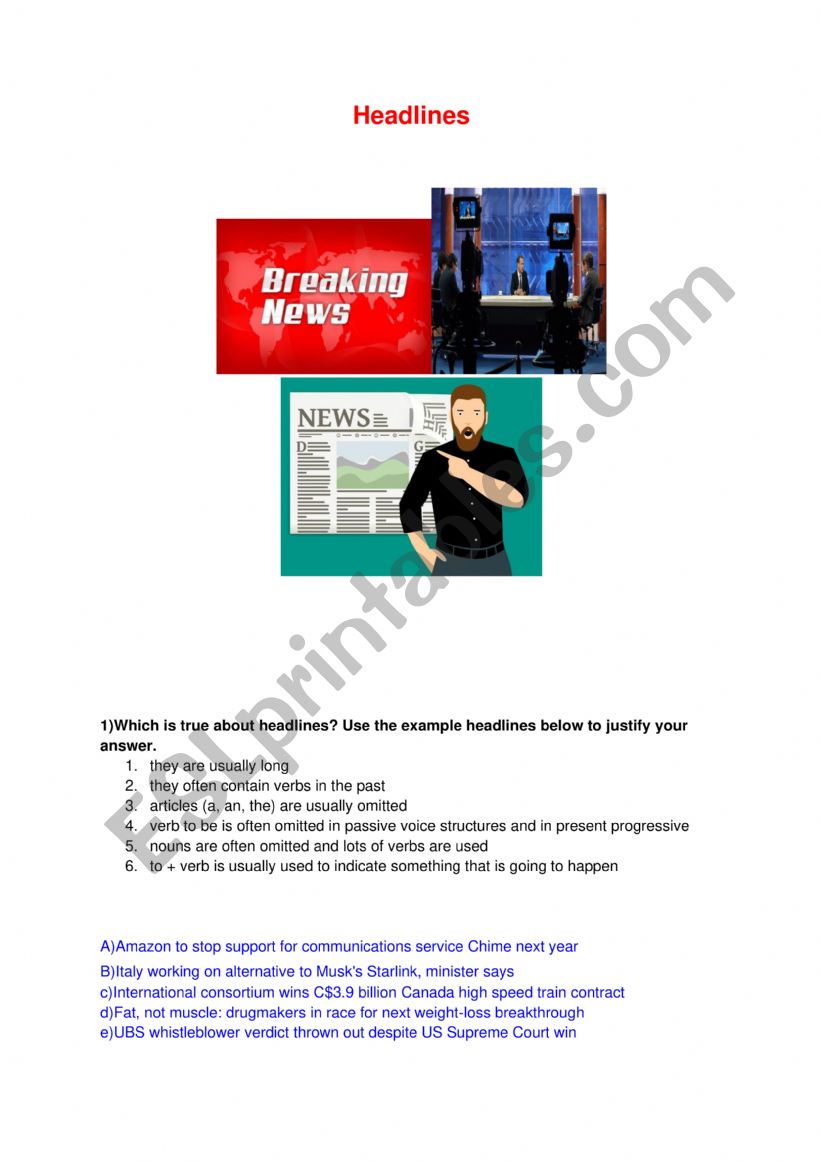 Headlines worksheet